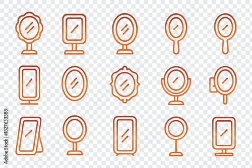 Mirror and Vanity Gradient Icons Set, Featuring Hand Mirrors, Oval, Square, Standing, and Triptych Designs