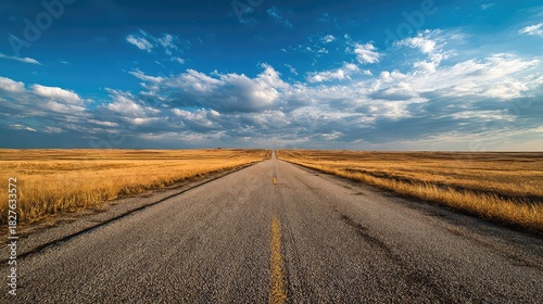 Embark on an epic road trip across golden prairie fields under a vibrant blue sky, perfect for travel blogs, adventure promotions, and inspiring wanderlust content