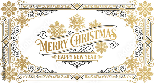 Vintage Gold and Black Christmas Card Vector Illustration with Ornamental Snowflake Border, Calligraphic Merry Christmas Text, and Filigree Flourishes on White Background