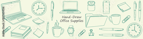 Hand drawn Office Supplies Laptop Clock Pens Cup Stationery Notes Folders Phone Watch Workspace Desk Business Study Work