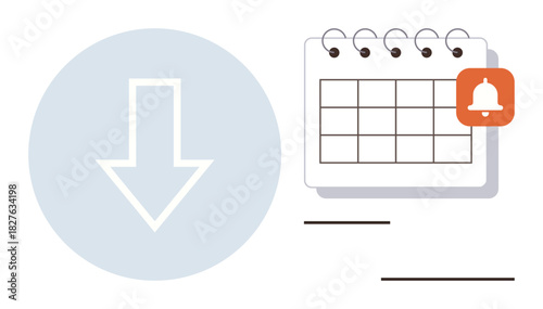 Downward arrow with a calendar featuring a reminder bell. Ideal for scheduling, planning, productivity, task management, appointment setting, alerts, organization. Simple flat metaphor