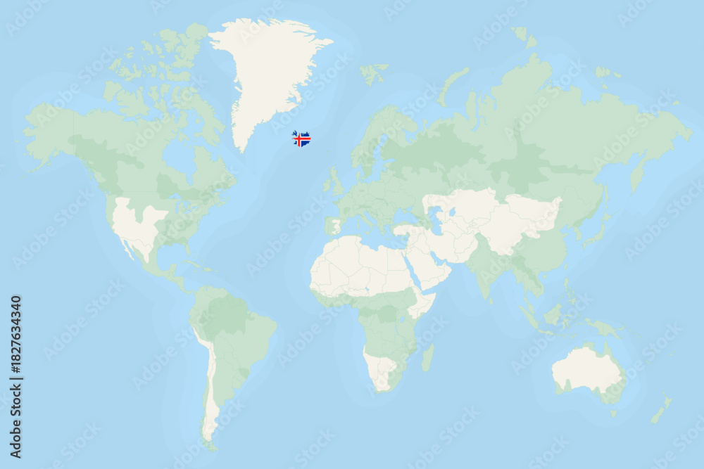 Obraz premium Iceland Highlighted on World Map with National Flag. Iceland Map and Flag.