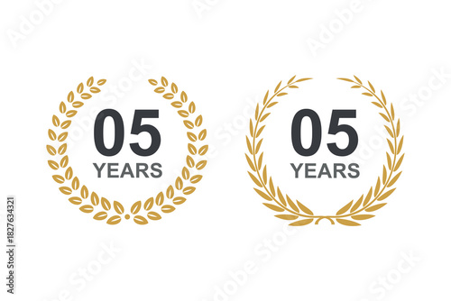 5th anniversary laurel wreath. 5 years anniversary floral laurel wreath. Anniversary icon or logo with laurel wreath. 5 years celebration label vector illustration.