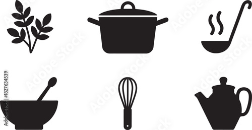 Culinary icons including herbs, pot, ladle, mortar, whisk, and teapot cooking food