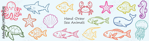 Ocean Animals Fun Colorful Hand Drawn Sea Life Vector Collection Shark Crab Fish Starfish Turtle Octopus Whale Jellyfish