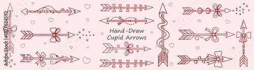 Cupid Arrows Hand Drawn Illustration Valentines Day Art Designs Elements Decoration Ribbon Hearts Valentine Greeting