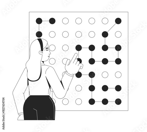 Data algorithms line illustration concept. Pattern recognition. Problem-solving logic. Data scientist analyzing node connections outline 2D character isolated. Ink linear metaphor vector art