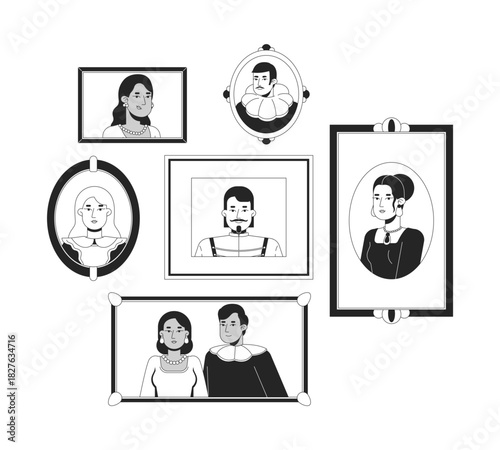 Group of framed portraits in renaissance style 2D line characters set. Victorian baroque noble in historical vintage attire isolated vector ink outline people. Monochrome spot illustrations collection