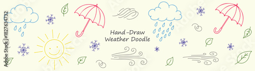 Weather Doodle Collection Whimsical Sun Rain Clouds Red Umbrellas Autumn Leaves Winter Snowflakes and Breeze Fun Drawing