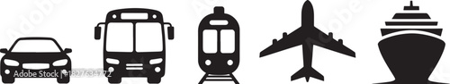 Icons of various modes of transport including car, bus, train, airplane and ship Keywords