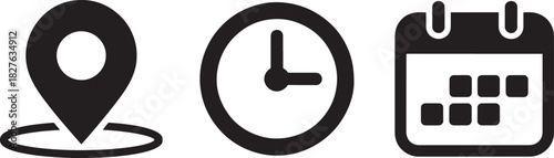 Location pin, clock, and calendar icons on white background marker