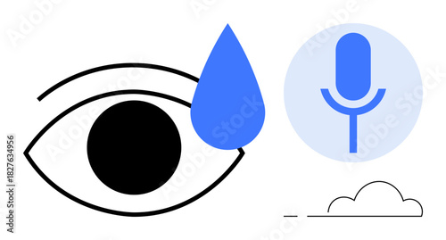 Eye highlighted by tear drop and microphone in soft tones symbolize vision, emotions, communication. Ideal for technology, creativity, accessibility, language, AI interaction, health topics simple