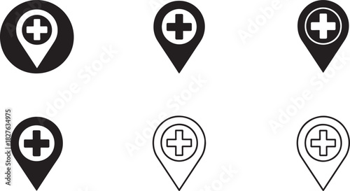Medical location pin icons with cross symbol in various styles vector illustration