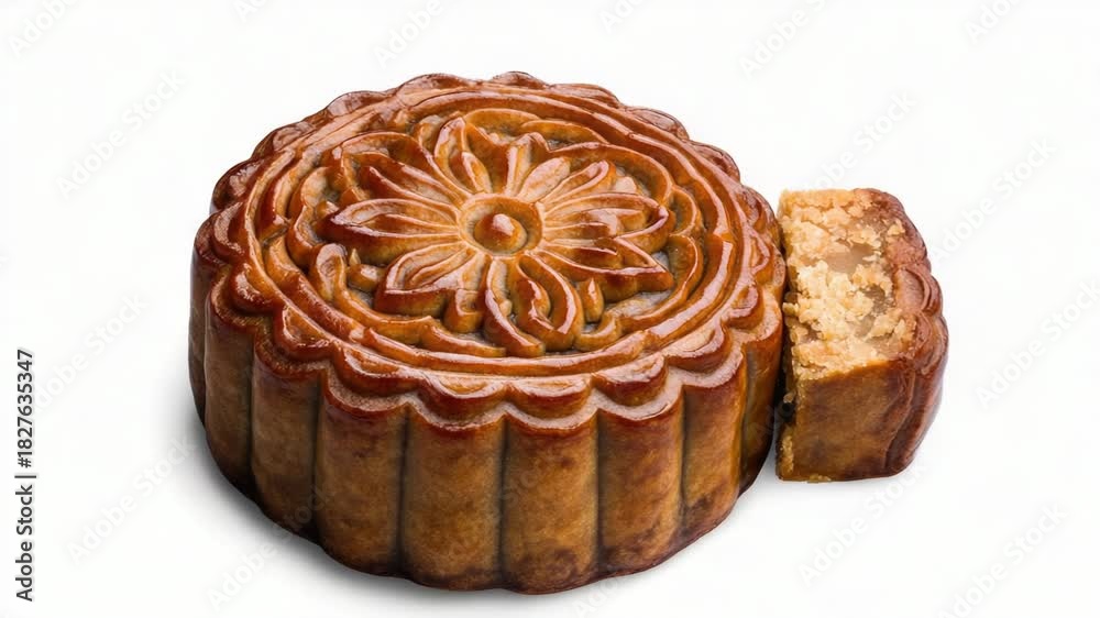 Video A traditional Chinese moon cake with a slice removed, revealing ...
