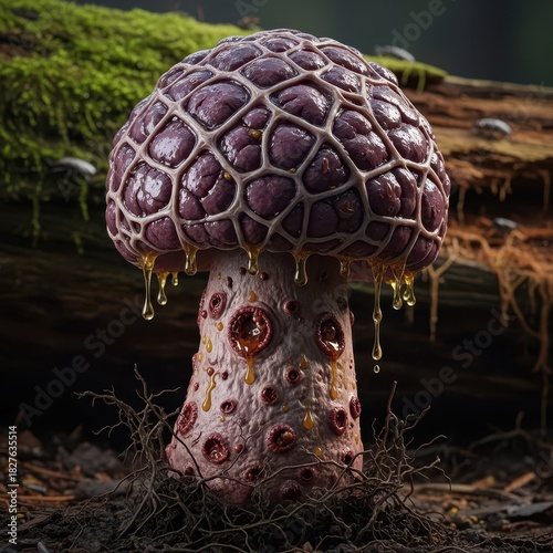 A large, vibrant purple mushroom with a textured, grid-like cap