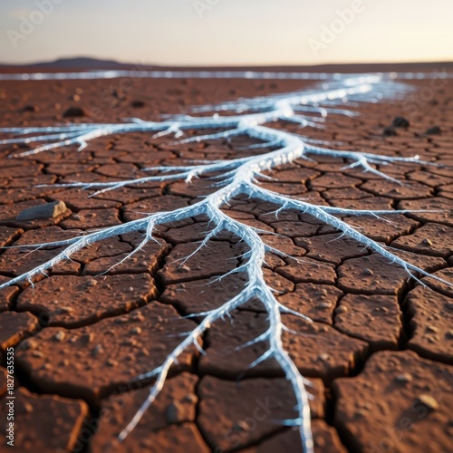 a dry cracked earth surface with visible white branching roots extending from the ground. 