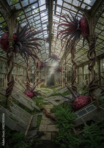 A lush, indoor greenhouse with a glass ceiling and walls, allowing natural light to flood in. 