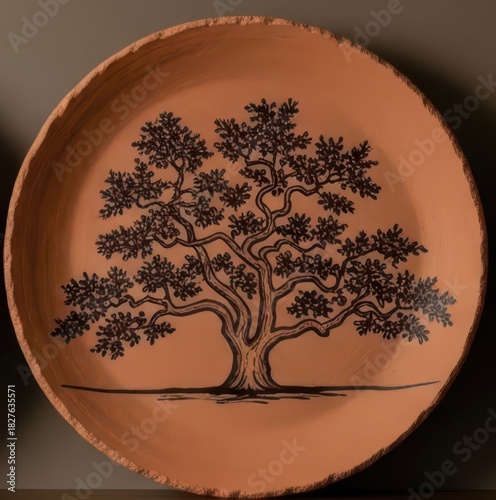 A round, beige ceramic plate with a detailed, black ink drawing of a stylized tree. 