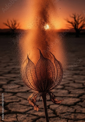 A wilted flower stands in the foreground releasing Airborne Spores, its petals browned, against a backdrop of a setting sun 