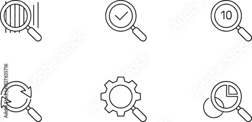 Six magnifying glass icons with different search related symbols find discover