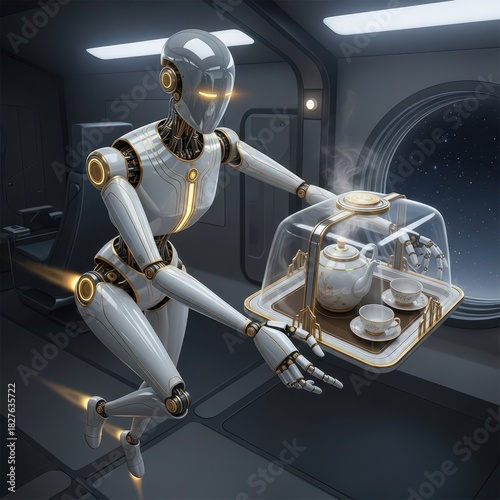 A humanoid robot with a sleek, metallic body and golden accents is serving tea on a silver tray. 