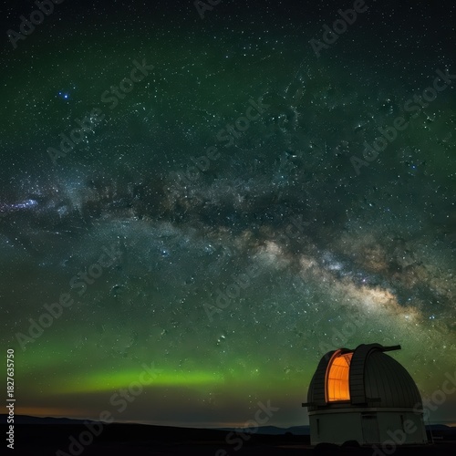 A large observatory with a dome-shaped roof stands prominently in the foreground. The sky above is filled with the Milky Way galaxy, displaying a dense band of stars