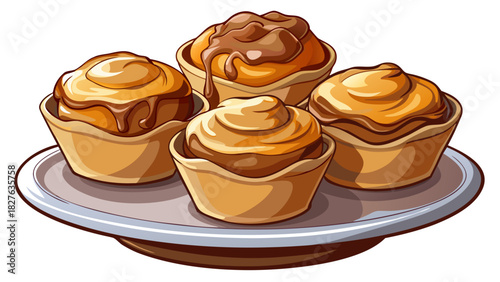 Very beautiful semi-realistic vector illustration of Yorkshire puddings served with brown sauce, showing golden baked puddings with soft interior, rich sauce drizzled over, isolated on a clean white 