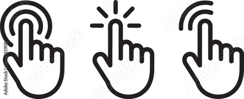 Three hand cursor icons indicating clicking action on white background pointer mouse