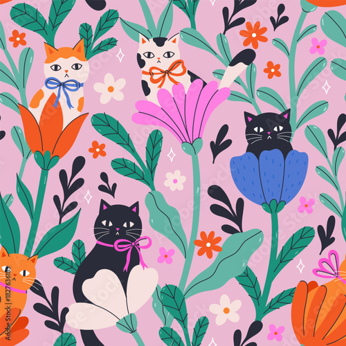 Seamless pattern with cats sitting in a flowers. Vector graphics.
