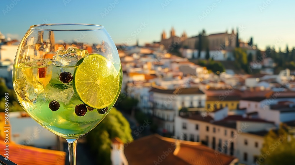 Obraz premium Refreshing gin and tonic cocktail with lime and juniper berries overlooking a historic european city skyline at sunset