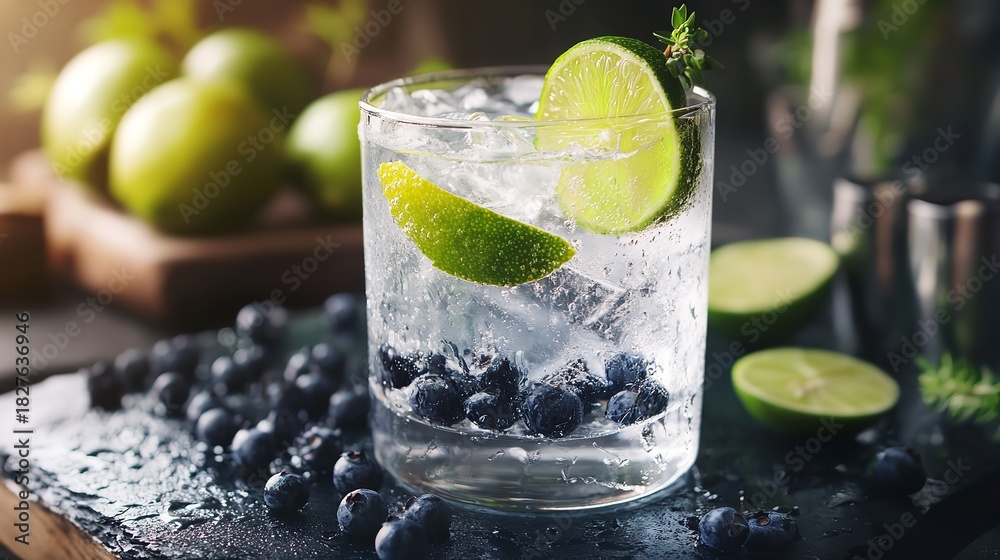 Fototapeta premium Refreshing gin and tonic cocktail with blueberries and lime garnish served over ice in a glass