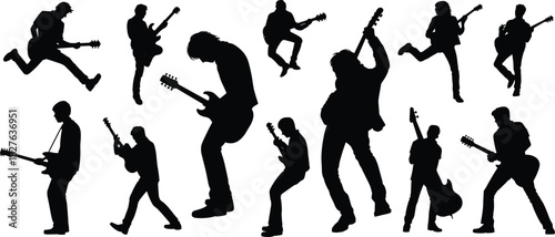Energetic guitarist silhouettes performing dynamic music poses, rock concert action, creative stage movement, expressive musicians, and powerful electric guitar performance for artistic designs