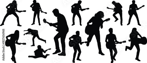 Dynamic guitarist silhouettes showcasing energetic music performance poses, rock inspiration, concert motion, artistic expression, and creative stage action ideal for music-related designs