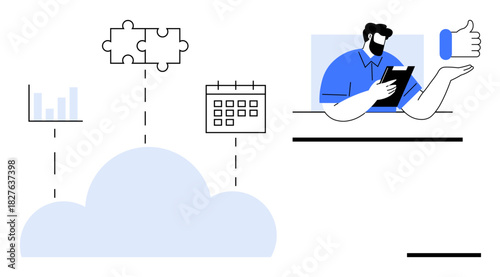 Cloud connecting bar chart, puzzle pieces, calendar, and team member holding tablet with thumb-up gesture. Ideal for teamwork, remote work, productivity, analytics, planning cloud computing