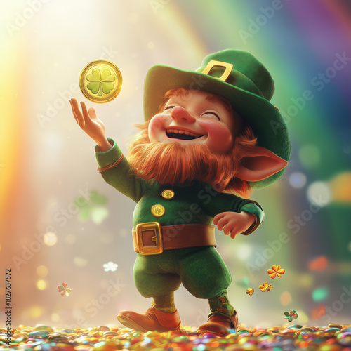 Lucky Leprechaun flipping a coin with a four leaf clover at the end of the rainbow, folklore, superstition, 