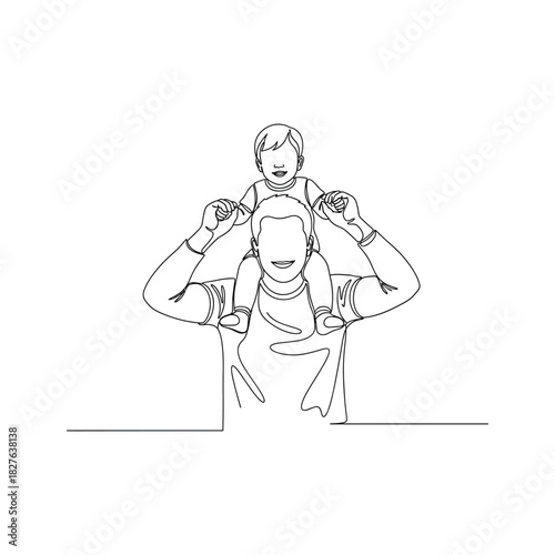 Continuous line drawing of a cheerful father carrying his smiling child on his shoulders, depicting family love.
