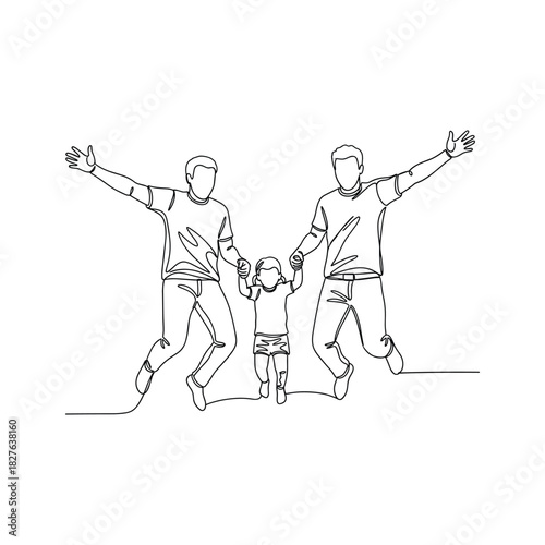 Happy gay parents and child jumping joyfully, a continuous line art drawing illustrating family togetherness.