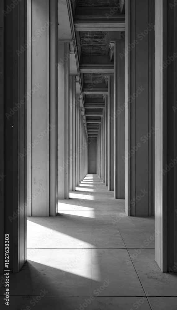 Fototapeta premium Monochrome corridor with repeating concrete columns and beams. Geometric perspective of a long hallway with light and shadow patterns on floor. Architectural background.