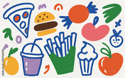 Colorful Doodle Style Food Illustration Featuring Pizza Burger Fries and Sweets