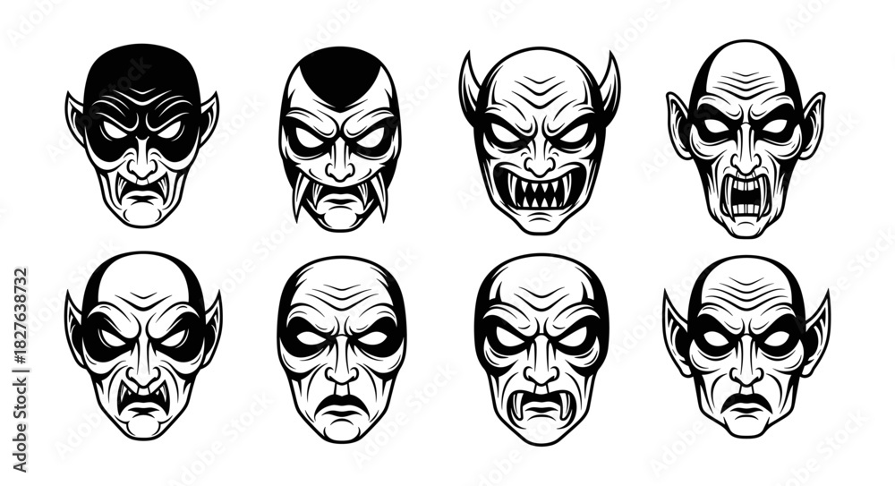 Fototapeta premium Collection of Eight Scary Monster Faces with Fangs and Horns.