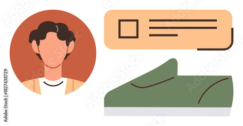 Person portrait, casual green sneaker, speech bubble for reviews. Ideal for online profiles, social media, reviews, shopping, lifestyle e-commerce user feedback. Simple flat metaphor