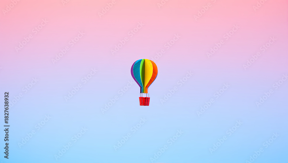 Obraz premium Colorful hot air balloon floats against a pastel sky during sunrise above a scenic landscape