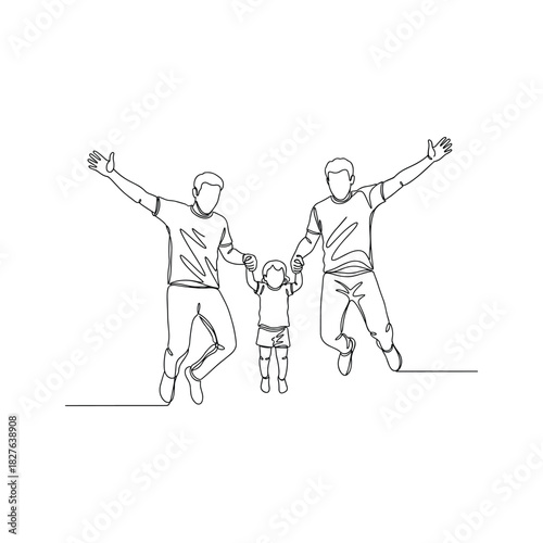 Continuous line drawing of two men and a child jumping happily, hands held, celebrating family joy and unity