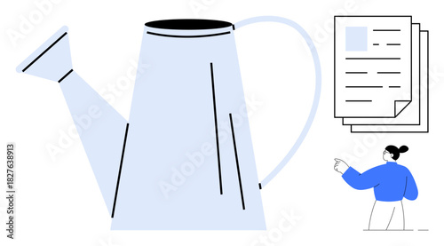 Watering can representing growth, woman pointing at stacked documents, symbolizing idea nurturing and knowledge. Ideal for education, team building, innovation, planning, growth strategy