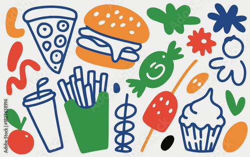 Playful Fast Food and Sweet Treats Doodle Illustration with Colorful Accents