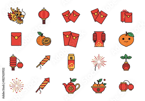 A grid of twentyfive flatstyle icons related to Chinese New Year celebrations