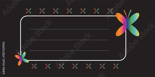 Whimsical colorful butterflies frame a blank space for notes on a dark background