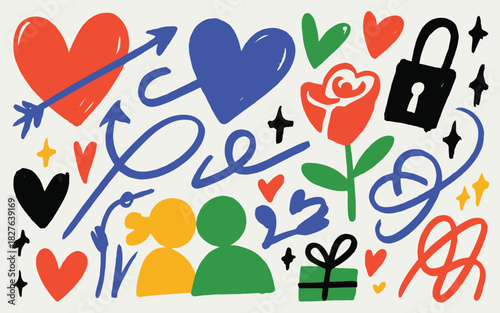 Colorful Doodle Style Illustration with Hearts Arrows Rose and Abstract Figures