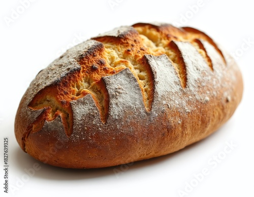 Rustic sourdough bread loaf with fresh baked golden brown crust. Flour dust, deep scores. Artisan homemade bread healthy food product for daily eating. Good for home baking bakery business. Delicious