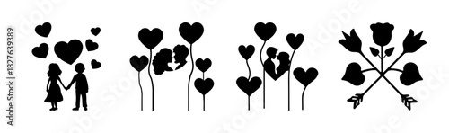 Romantic love silhouettes set: couples, hearts, arrows and floral